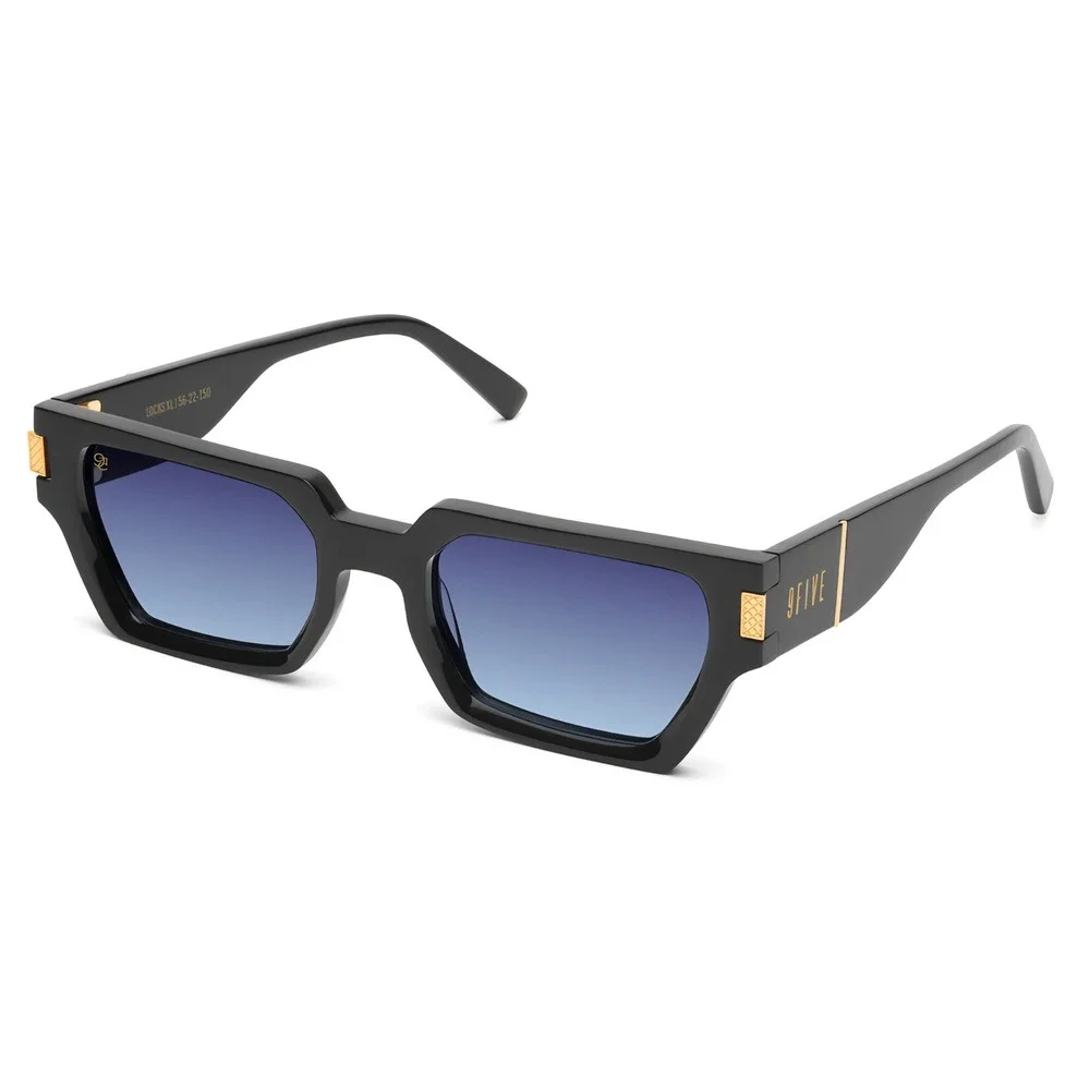9FIVE LOCKS XL Black Square Sunglasses Midnight Blue Gradient Lenses Gold Accent